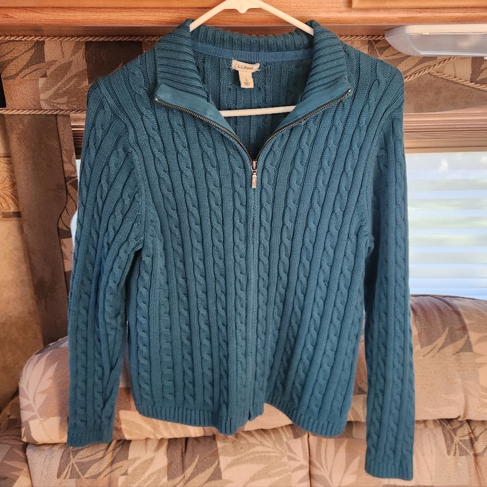 L.L. Bean Teal Cable-Knit Zip Sweater